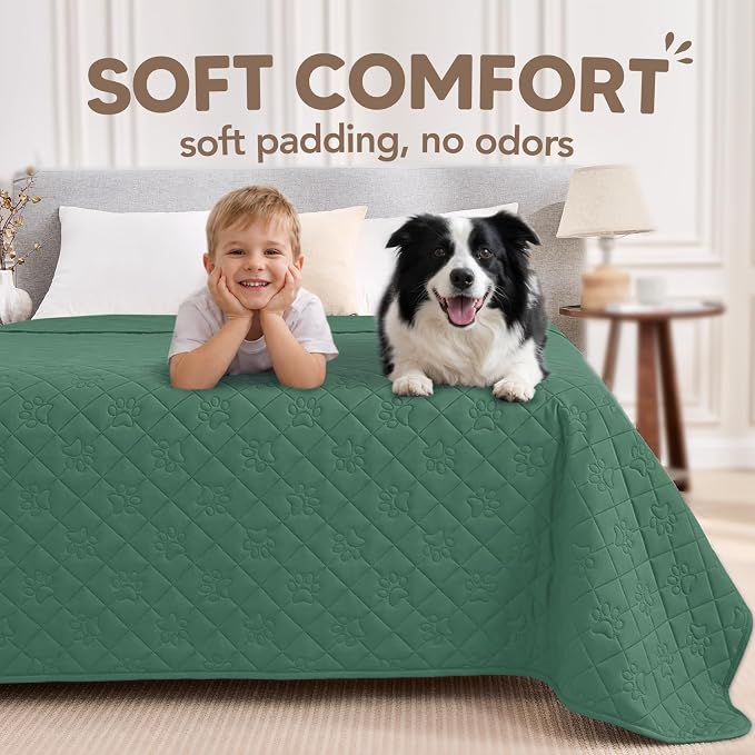 PAWFINITY Waterproof Bed Cover for Dogs, Pet Blanket for Mattress Washable | Paw Print Quilted, Hair Resistant, Anti Cat Scratch, Pee Proof Furniture Protector for Bed, Couch and Sofa, 52x82 Inch, Green - Image 4