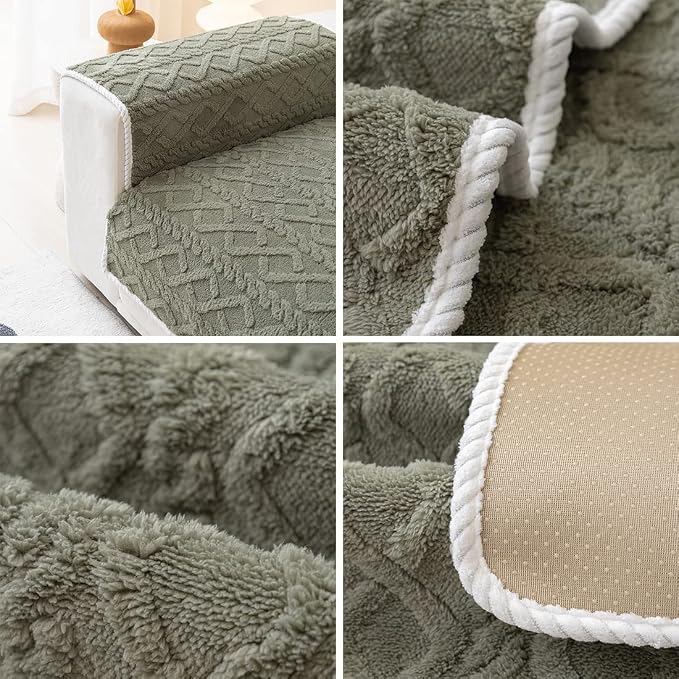 vctops Geometric Jacquard Plush Sofa Couch Covers Farmhouse Neutral Non Slip Sectional Couch Cover Soft Warm Sofa Slipcover for Dogs, Children, Pets Furniture Protector (Army Green,36"x63") - Image 7