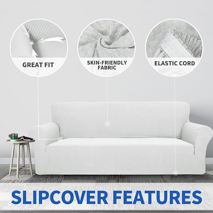 ZNSAYOTX 1 Piece Jacquard Couch Covers for 3 Cushion Couch Living Room High Stretch Sofa Cover Pets Dogs Friendly Anti Slip Thickened Slipcovers Furniture Protector (Large, White) - Image 3