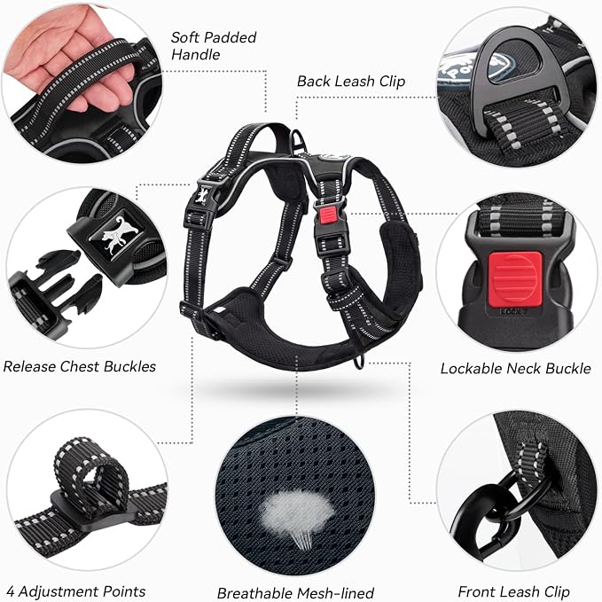 PoyPet No Pull Dog Harness Small with Front Clip & Neck Release Buckle | No Choke, Adjustable Vest, Reflective, Back Clip, Lockable, Soft Padded, Easy Control Handle for Walking Training, S, Black - Image 8