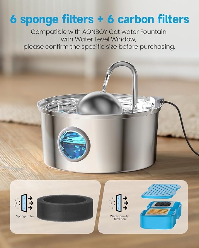 Cat Water Fountain with Water Level Window, AONBOY 108oz/3.2L Cat Fountain, Dog Water Fountain Stainless Steel, Hemispherical Shape, Provides Flowing Water (8 Filters +8 Sponges) - Image 2