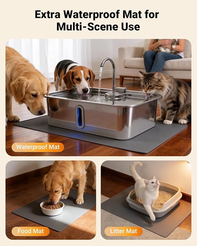 3.17Gal/12L Dog Water Fountain with Silicone Mat & 3 Filters for Dogs Cats | Stainless Steel Multi Pet Water Dispenser, Quiet Automatic Dog Water Bowl Dispenser with Visible Window & Alert Light - Image 8
