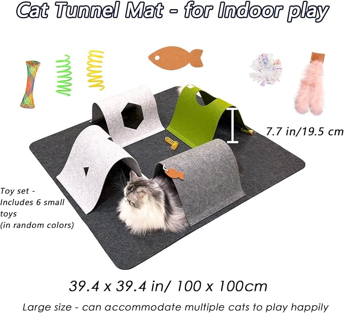 Cat Tunnel Mat for Indoor,4-Way Felt Cats Play Mat Cat Cave for Hide & Seek | Furphoria 39.4" Large Cat Tunnel with 6 Pcs Toys Set Interactive Cat Enrichment for Foldable Kitten Tunnel (Dark Gray) - Image 5