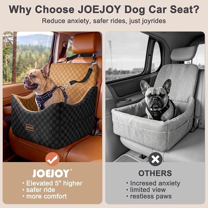 JOEJOY Elevated Dog Car Seat for Small/Medium Dogs up to 35 lbs, Memory Foam Booster Seat with Detachable Washable Cover, Travel-Safe Car Bed with Safety Belts & Storage Pockets, Brown - Image 4