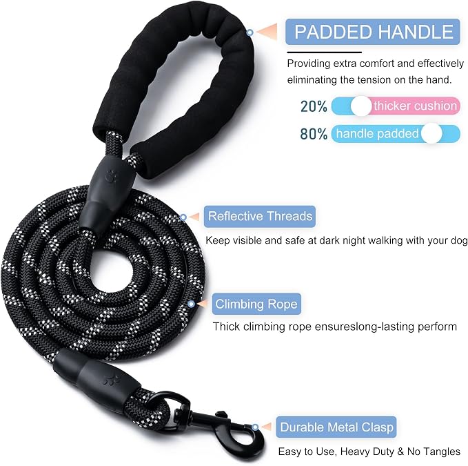 2 Pack Dog Leash, Heavy Duty Nylon Rope Pet Leashes(5FT-1/2,Black/Grey) | Comfortable Padded Handle, Anti-tangle Swivel Clip, Reflective for Night Walks and Training, Climbing Rope for Strong Pullers - Image 2