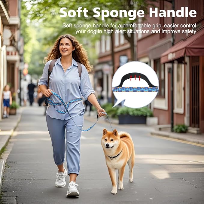 Hands Free Dog Leash, 8.5ft Adjustable Hands Free Leash for Medium Dogs, Versatile Handheld Crossbody Waist Lead with 3 Rings, for Running Jogging Walking, Sponge Handle, Geometric Blue - Image 6