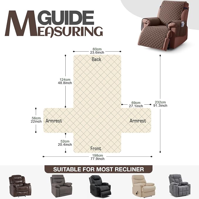 KinCam 100% Waterproof Recliner Chair Covers Washable, 23.6", Deep Brown | Anti Slip Reclining Couch Covers for Pets Dog, Recliner Sofa Slipcover Storage Pocket, Furniture Protector with Elastic Strap - Image 4