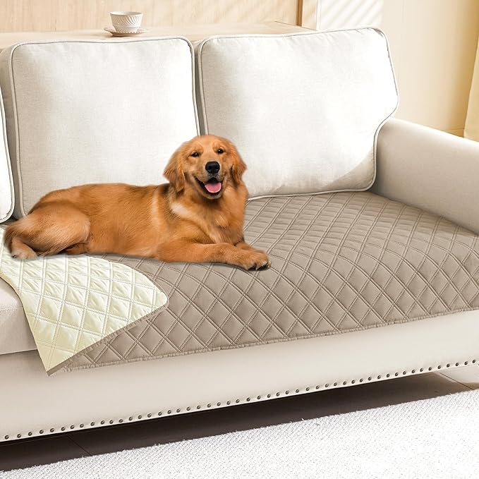 Smiry Waterproof Reversible Pet Couch Covers for Dogs | Pet Friendly, Soft Fabric, Washable Sofa Furniture Protector for Dogs Cat Kids, Checkered (30"x80", Taupe/Beige) by Smiry