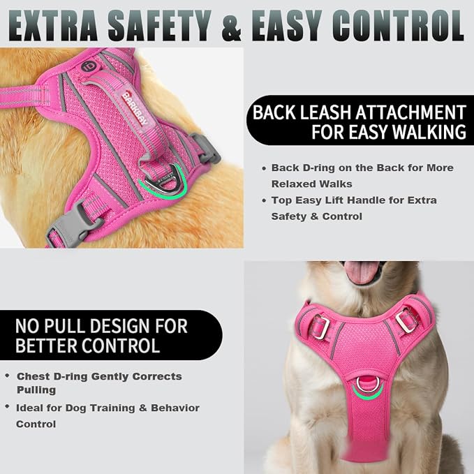 BARKBAY No Pull Dog Harness Large Reflective Dog Harness with Front Clip and Easy Control Handle for Walking Training Running with ID tag Pocket(Pink,L) - Image 3