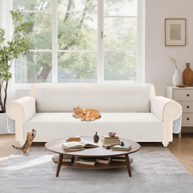 Velvet 100% Waterproof Couch Cover for Dogs Washable Sofa Covers for 3 Cushion Couch Pet Friendly Sofa Slipcovers Set Non Slip Quilted Furniture Protector with Pockets (Large, Cream White) - Image 7