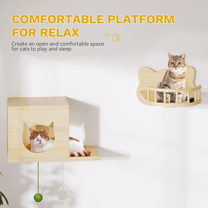 DWVO Cat Wall Shelves and Perches for Wall, Solid Wood Wall Mounted Cat Furniture, Set of 15 Cats Climbing Shelves for Large Cats with Green Wall House & Fence, Steps, Bridge Ladder, Scratching Posts - Image 3