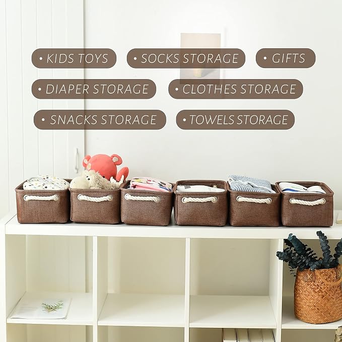 TheWarmHome Storage Basket for Organizing - 12x8x5 inch Small 6 Pack Collapsible Storage Bin for Shelves with Handles, Canves Storage Box for Cloth Closet Organizer Gift Toy (Brown) - Image 3