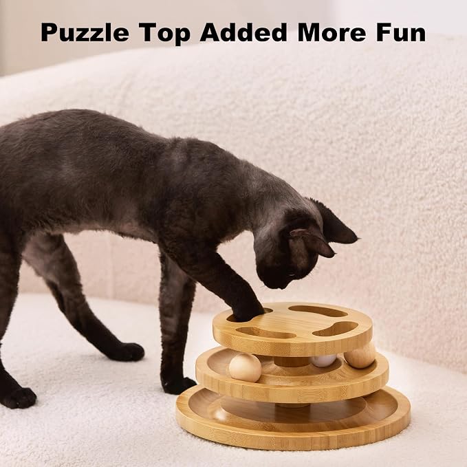 ZOMISIA Cat Ball Track Toy with Puzzle Top, Extra Large Wooden Cat Toys | Interactive Indoor Cats Spinning Balls, Cat Ball Tower for Kitten Exercise Mental Stimulation Self Play Home Enrichment - Image 3