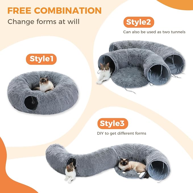 PAWZ Road Cat Tunnel Bed,Collapsible Cat Donut Tunnel with Soft Mat & Balls | 2 tunnels + soft mat form circle, with peephole & dangling balls. Plush, collapsible, Stores Easy. For small & large cats - Image 4