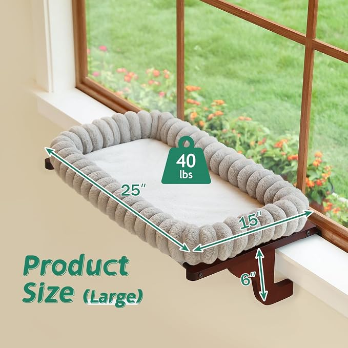 Zakkart SnugCloud Cat Window Perch with 4-Sided Bolster - Large Cat Hammock for Window Sill - Solid Hardwood & Metal Frame - Window Seat for Pets (Dark Stained Wood w/Gray Bed, Large) - Image 8