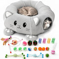 Cat Tunnel Bed with 21 Interactive Toys | Kitten Bed with Collapsible Tunnel for Indoor Cats, Cute Play Tube with Enrichment Toys (Grey, Kitten Pattern) by lehorra