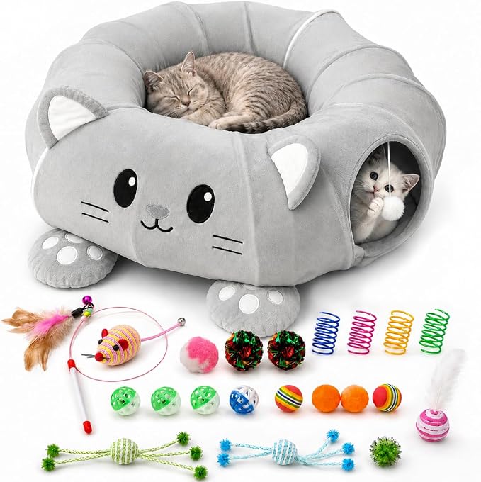 Cat Tunnel Bed with 21 Interactive Toys | Kitten Bed with Collapsible Tunnel for Indoor Cats, Cute Play Tube with Enrichment Toys (Grey, Kitten Pattern) by lehorra