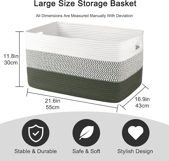 OIAHOMY Blanket Basket Laundry Basket Dog Toy Basket 75L Green/White | Large Storage Basket,Baby Basket,Toy Storage,Woven Rope Basket for Blankets,Blanket Storage for Living Room - Image 3