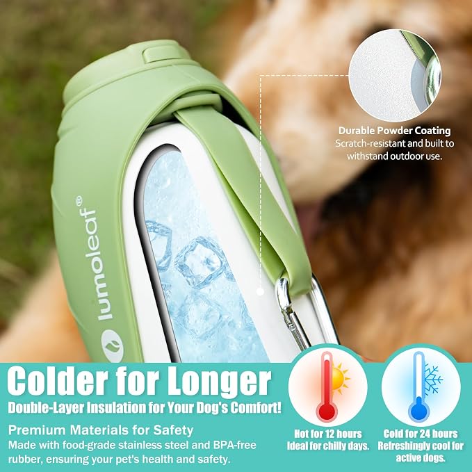 LumoLeaf Insulated Dog Water Bottle 27 oz Stainless Steel - Keep Water Cool or Warm, Portable Pet Water Bowl for Travel, Wide Mouth for Easy Ice Filling & Cleaning (Green, 27 oz) - Image 7