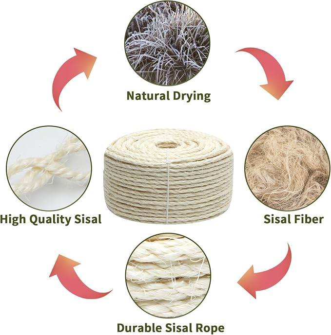 Cat Sisal Rope 164-Feet 4mm for Scratcher Repair and Replace Scratching Post, DIY Hemp Twine Rope for Cat Tree Tower Carpet Mat Kicker House, Pet Toy, and Crafts Gardening Home Decorating - Image 5