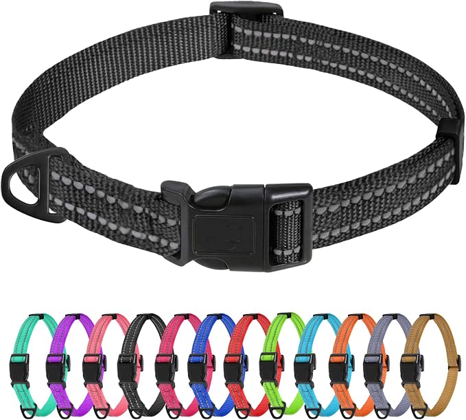 TagME Small Dog Collar, Reflective Puppy Collar, Black, 5/8" Width | Lightweight, Nylon Collar for Puppies and Small Dogs, Adjustable Length, 12 Color Choices, Reflective for Evening Walks by TagME