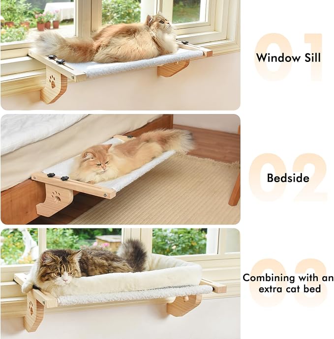 AMOSIJOY Cat Windowsill Perch with Wood & Metal Frame for Large Cat, 24.4in | Solid Wood Frame, Easy to Adjust, Washable Berber Fleece Cover, No Suction Cups Cat Window Seat for Windowsill, Bedside - Image 6