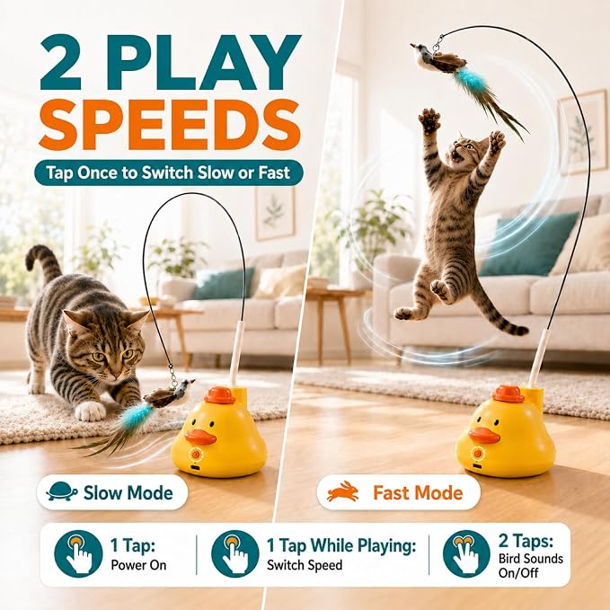 YWK Interactive Cat Toys for Indoor Cats, 360° Automatic Flying Bird Wand, Bird Sound & 2 Speeds, Touch Restart, USB-C Rechargeable Self-Play Toy with Suction Base, Bird & Feather Attachments - Image 3
