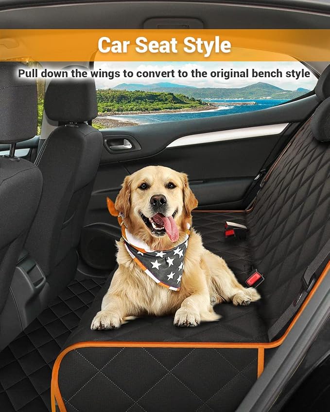 Dog Car Seat Cover, 600D Heavy Dute Car Seat Cover for Dogs Pets, 100% Waterproof Anti-Scratch Nonslip Dog Hammock for Cars, Seat Covers Protector with SeatBelt for Sedan SUV Truck Standard Oran&Black - Image 7