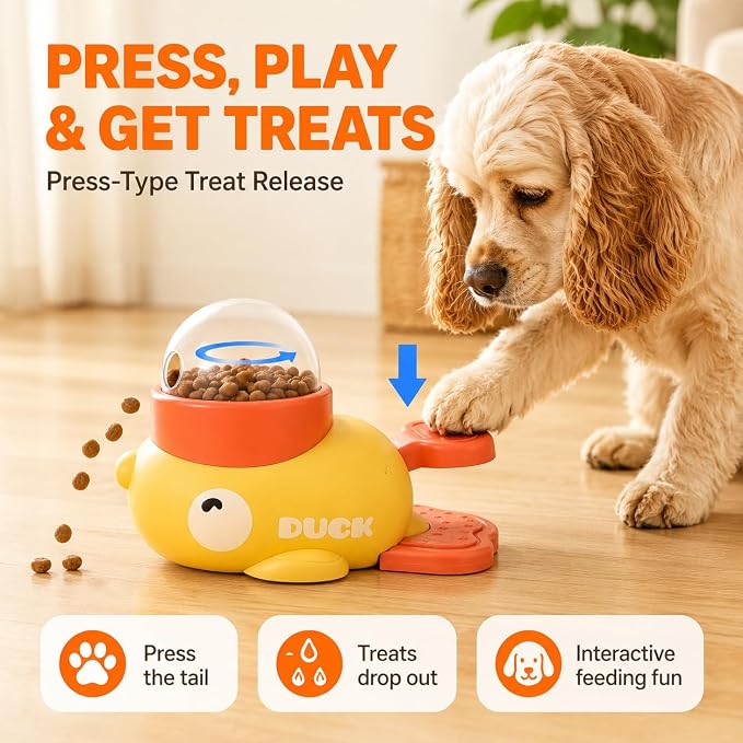 Interactive Dog Puzzle Toy, Cute Duck Treat Dispenser with Anti-Slip Pad, Press-Type Slow Feeder for IQ Training & Boredom Relief, Mental Enrichment for Small Medium Dogs & Cats (Yellow) - Image 2