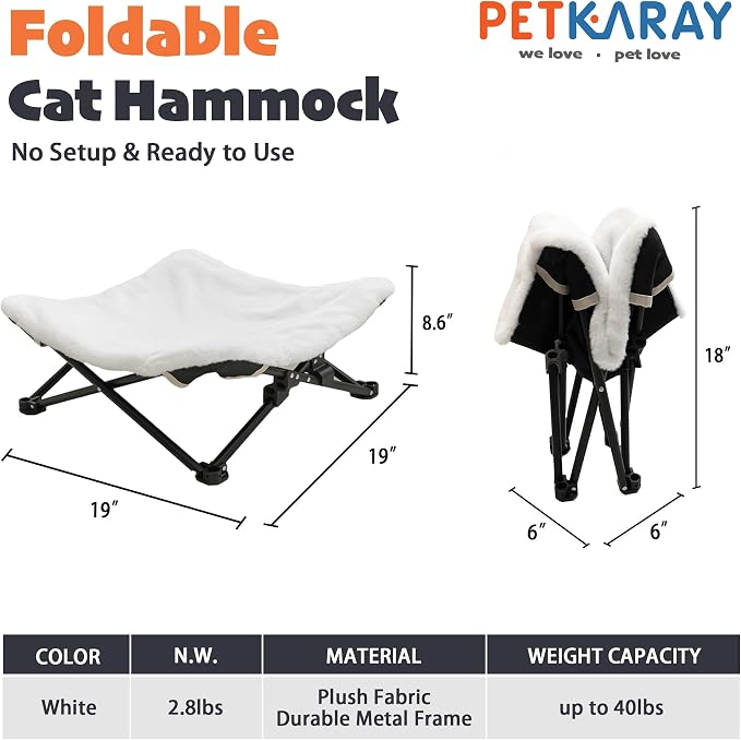 PETKARAY Foldable Cat Hammock Bed, Elevated Fluffy Kitty Lounge Furniture with Metal Frame, Raised Cat Hammock Chair for Indoor Cats - Image 2