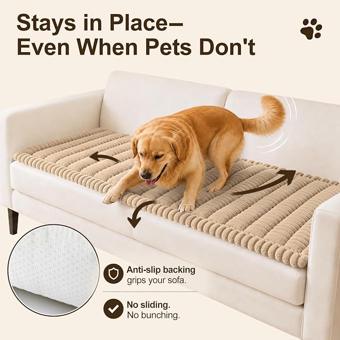 decorUhome Couch Cover for Dogs, Non Slip Fuzzy Thick Pet Sofa Protector | Pet Friendly, Couch Covers for Sofa, Machine Washable, Fits Armrests, Single Seats & Backrest Cushions, Khaki, 27.6" x 27.6" - Image 3