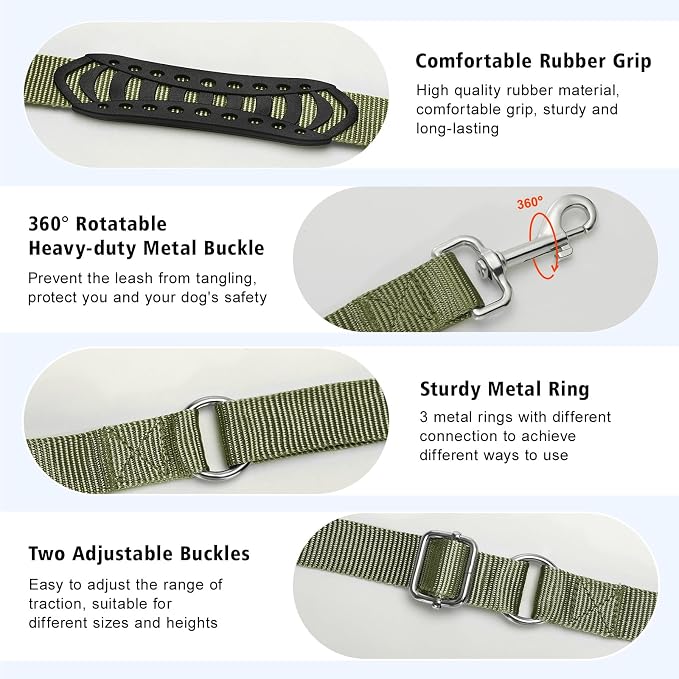 8.5ft Hands Free Dog Leash Adjustable for Medium Dogs, Army Green | Versatile Handheld Crossbody Waist Lead with 3 Rings, Easy Adjust for Running Jogging Walking, Sponge Handle - Image 5