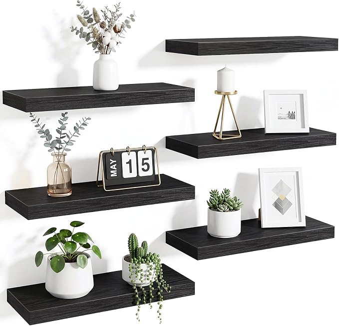 Fixwal Floating Wall Shelves for Decor (Black, Set of 6, 15.7 Inch) | MDF Shelves with Metal Brackets, Space Saving for Books, Decor, Works in Bathroom, Kitchen, Living Room, Bedroom by Fixwal