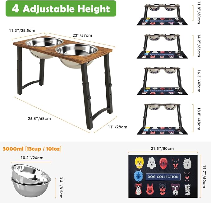 Elevated Dog Bowls for Large Extra Large Dogs with Mat, 4 Height Adjustable, 2 Stainless Steel Dog Bowls 3000ml,101oz - Image 4