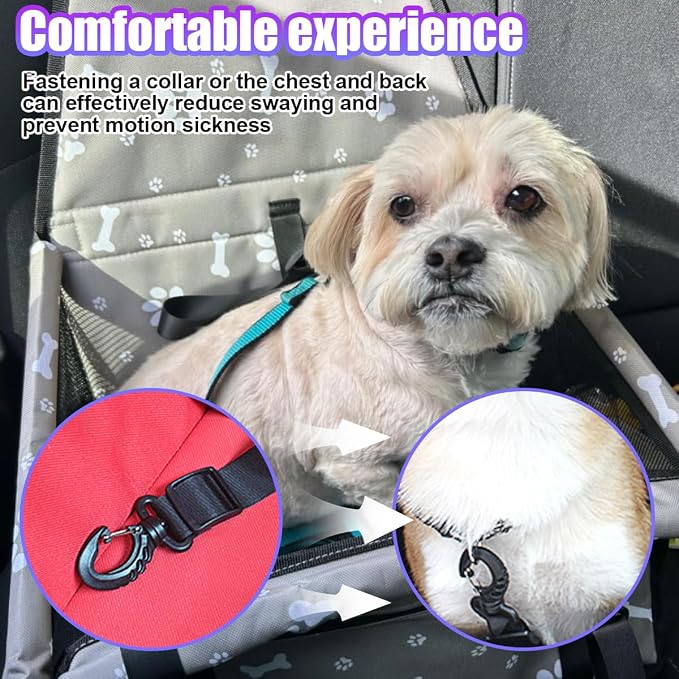 Pet Car Seat, Waterproof Oxford Dog Car Booster Seats, Grey Bone | with Seat Belt and Mesh Window, Breathable & Portable Foldable Travel Look Out Bag for Small Medium Dogs & Cats - Image 5