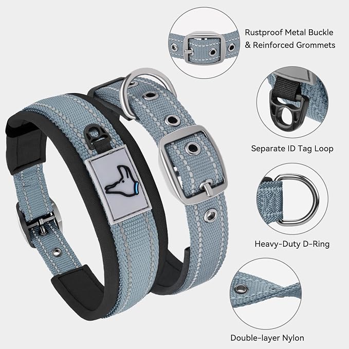 Joytale Reflective Dog Collar for Small Dogs with Wide Padding, Gray | Soft Cushion Reduce Neck Strain, Night Safety Walking, Metal Buckle and Adjustable Eyelets, Separated Dog ID Tag Ring - Image 3