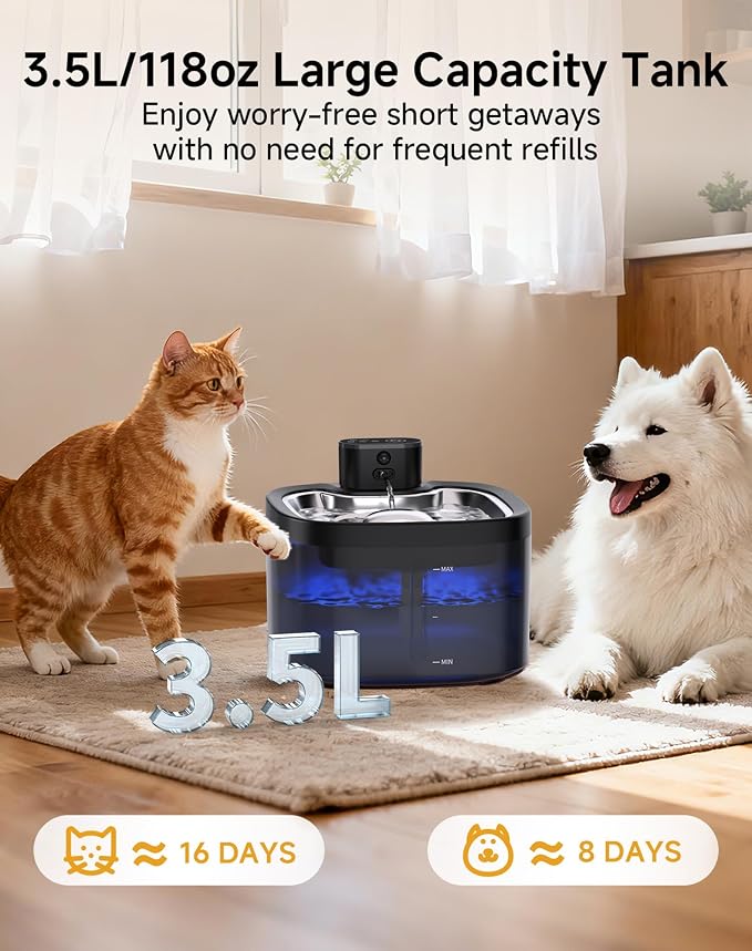 Cat Water Fountain Cordless: Battery Operated 118oz/3.5L Pet Water Fountain for Cats Indoor with Motion Sensor, Stainless Steel Tray, Ultra Quiet, Easy-to-Clean, Gifts for Cats, Dogs (8Filters) - Image 5