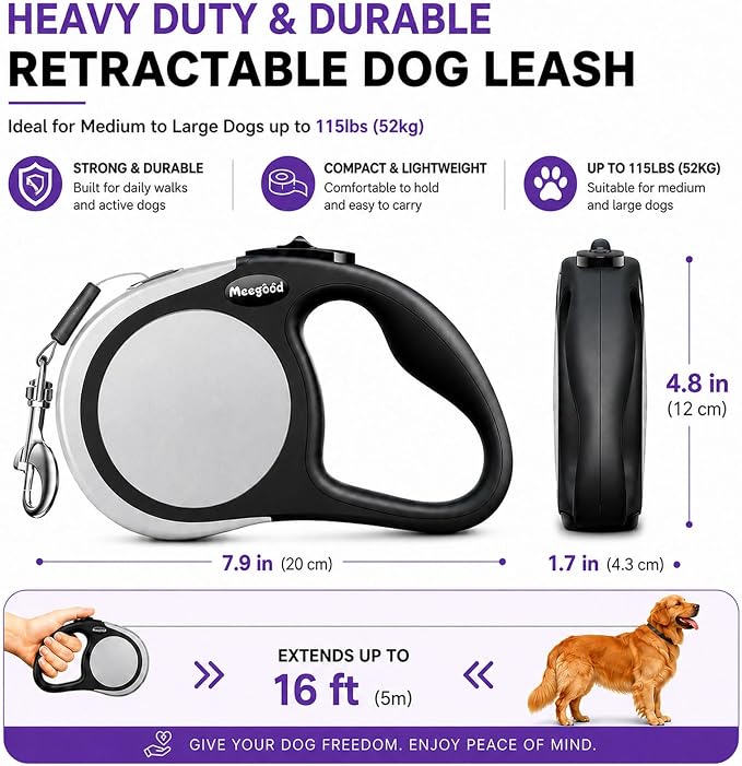 Heavy Duty Retractable Dog Leash-16ft Strong & Durable Walking Leash for S to L Dogs up to 45/115 lbs, Upgraded Lock System, Non Slip Grip, Tangle Free (Grey, Medium-Large Sized) - Image 2