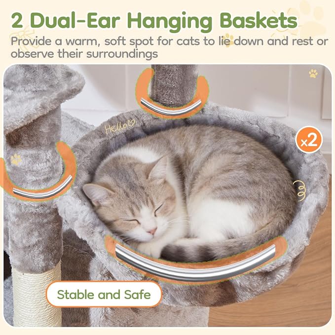 Taoqimiao Cat Tree for Large Cats, 76.8 Inches XL Cat Tower for Indoor Cats | 2 Scratch Boards, 3 Top Perches, 9 Scratching Posts, Multi-Level Cat Tree with 2 Condos, 2 Cozy Basket, Light Gray, T20W - Image 5