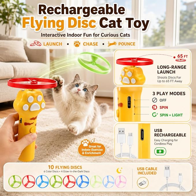 Cat Toy Launcher for Kitten Toys, Cat Toys Interactive, Automatic Cat Toy | Interactive Cat Toys for Indoor Cats, Cat Fetch Toy Launcher with 10 Discs, Cat Toys for Bored Indoor Adult Cats,Best Cat Toy - Image 2