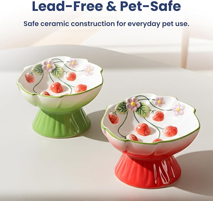 Strawberry Blooms Elevated Ceramic Cat Bowl, Red | Raised Cat Food Bowl with 15° Tilt, Whisker-Friendly Pet Feeding Bowl, Anti-Choking Dish, Dishwasher Safe - Image 4