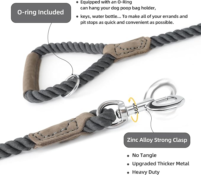 Mile High Life Dog Leash Braided Cotton Rope w/Leather-Wrapped Ends/Handle | Rust-proof 360° swivel clasp, Heavy-duty for medium/large dogs. Great for weddings, daily walks (4 FT, 1/2", Dark Gary) - Image 4
