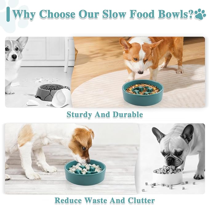 Ceramic Slow Feeder Dog Bowls,0.6 Cups Dog Food Dish for Small Medium Dogs | 6.3 inch Puzzle Dog Food Bowl for Fast Eater, 15OZ, (Dark Green) - Image 6