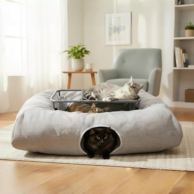 XXL 2-Tier Cat Tunnel & Hammock Bed, Scratch-Proof Linen, for All Cats Toys | XxingSheep 4 Cave Premium Hemp Fabric Cat Tunnel Bed for Indoor Cats Toys Cave Donut with Soft Mat & Toys by XxingSheep