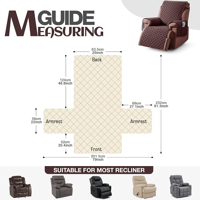 KinCam 100% Waterproof Recliner Chair Covers Washable, 25", Coffee | Anti Slip Reclining Couch Covers for Pets Dog, Recliner Sofa Slipcover Storage Pocket, Furniture Protector with Elastic Strap - Image 4