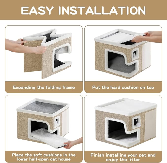 Cat Houses for Indoor Cats, Covered Cat Cave Bed with Scratch Pad and Fluffy Ball, Foldable Cat Hideaway Condo for Large Cats, Modern Kitten Bed,16.5x16.5x13 inches (Khaki‌, L) - Image 6