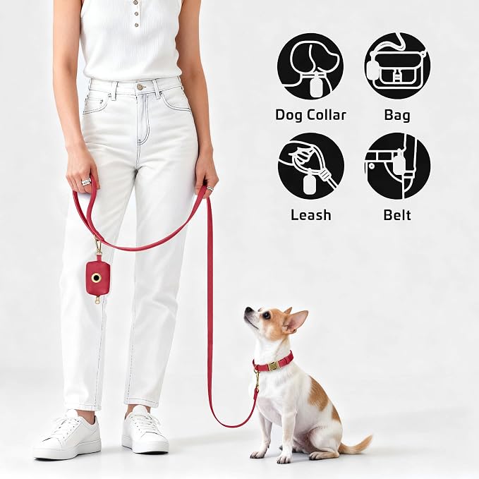Didog Dog Poop Bag Holder for Leash, Stylish PU Leather, Red | Easy Clean for Daily Walking, Quick to Install on Leash & Harness, Easy-Pull with Metal Clip, Includes 1 Roll Pet Waste Bag - Image 3