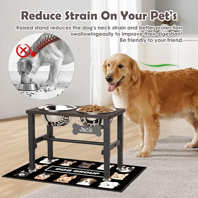 SHAINFUN Elevated Dog Bowls with Slow Feeder & Mat for Medium Large Dogs, Adjustable Height, Raised Dog Bowl Stand with 2 Stainless Steel 58oz Bowls, Tall Dogs Food Water Bowl Wooden & Metal Holder - Image 2