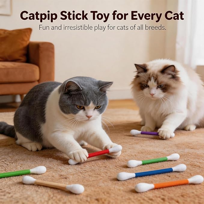 6Pack Cotton Swabs Cat Toys with Catnip, Giant Qtip Chew Sticks & Teething Ropes for Boredom Relief, Durable Interactive Felt Kitty Kicker Toy for Exercise. - Image 6