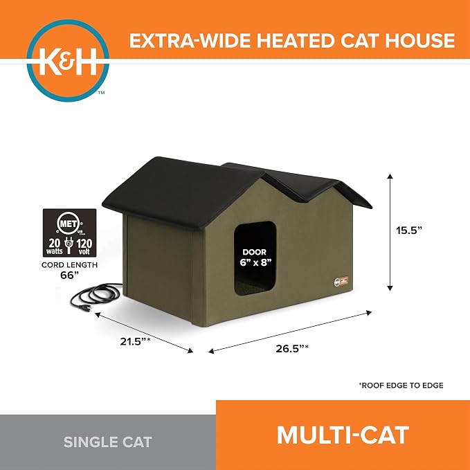 K&H Heated Cat House, Outdoor Extra-Wide Kitty House, Safety Listed, 20W | Heated Cat House for Outside, Weatherproof Shelter for Ferals, Insulated Shelter, 2 Doors, Waterproof Kitty Bed, Olive - Image 2